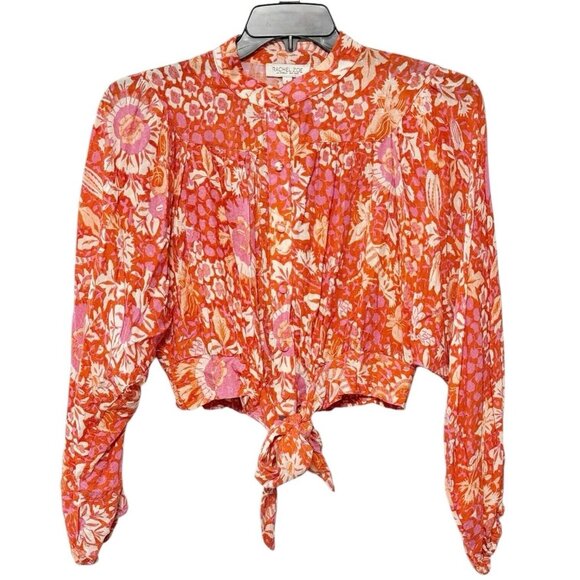 Rachel Zoe Tops - Rachel Zoe Pink Orange Floral Button Up Waist Crop Top Flounce Sleeve Blouse